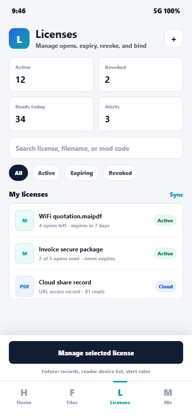 License manager screen for MaiPDF App DRM