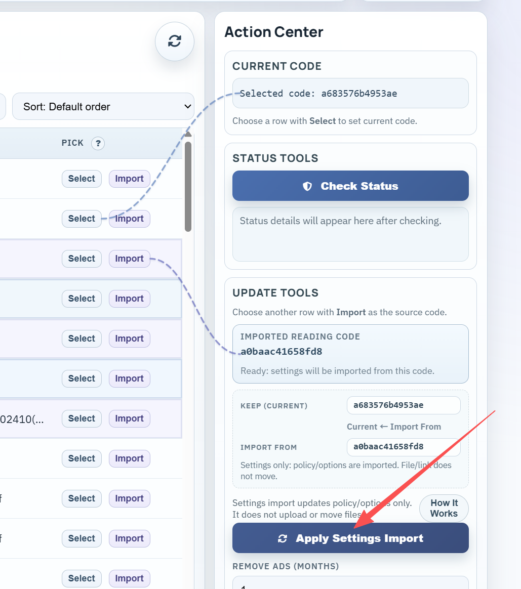 Replace PDF from the control panel — select current link, import or swap file